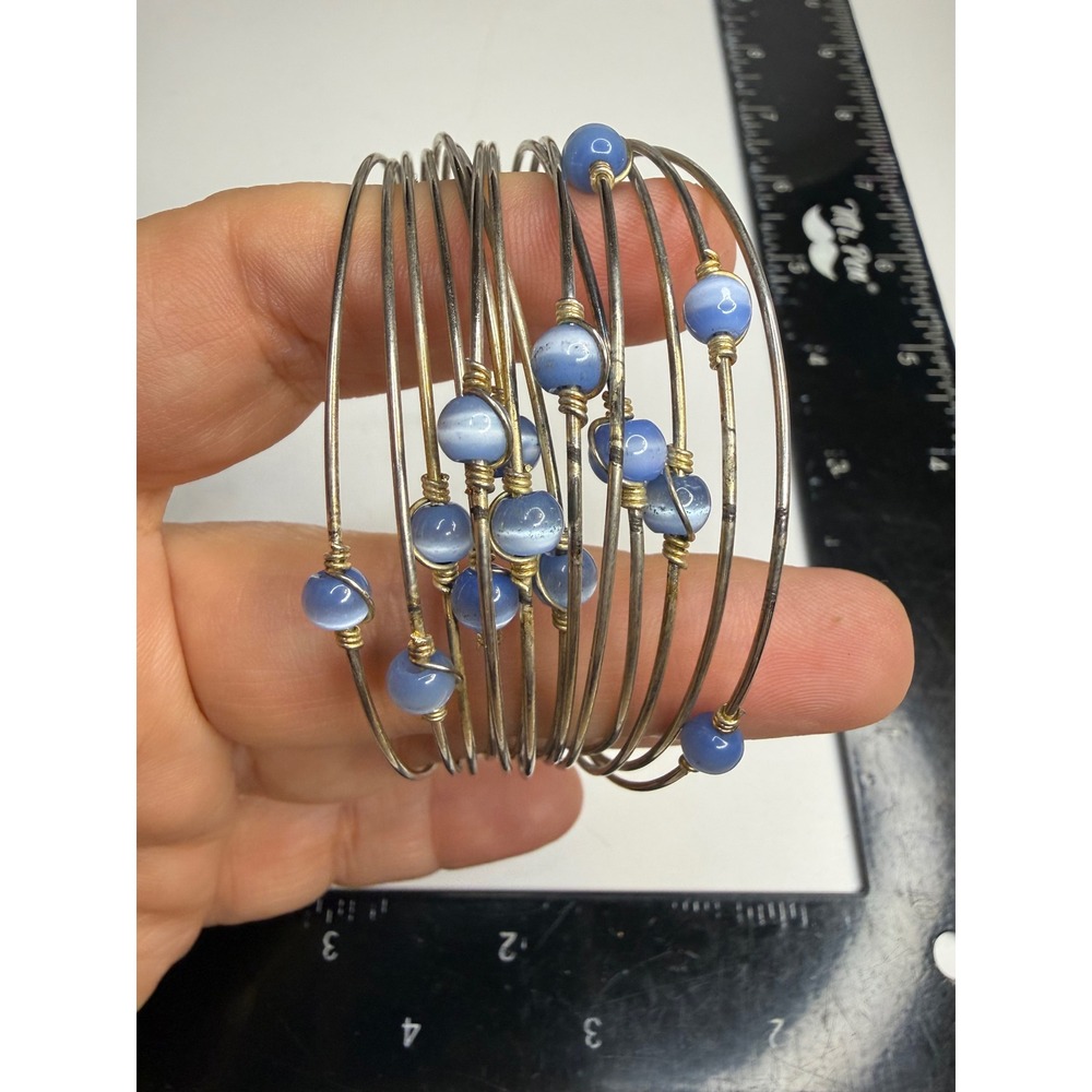 Multi Strand Wire Cuff Bracelet Blue Cats Eye Bead Silver Tone Mixed Metal Stack